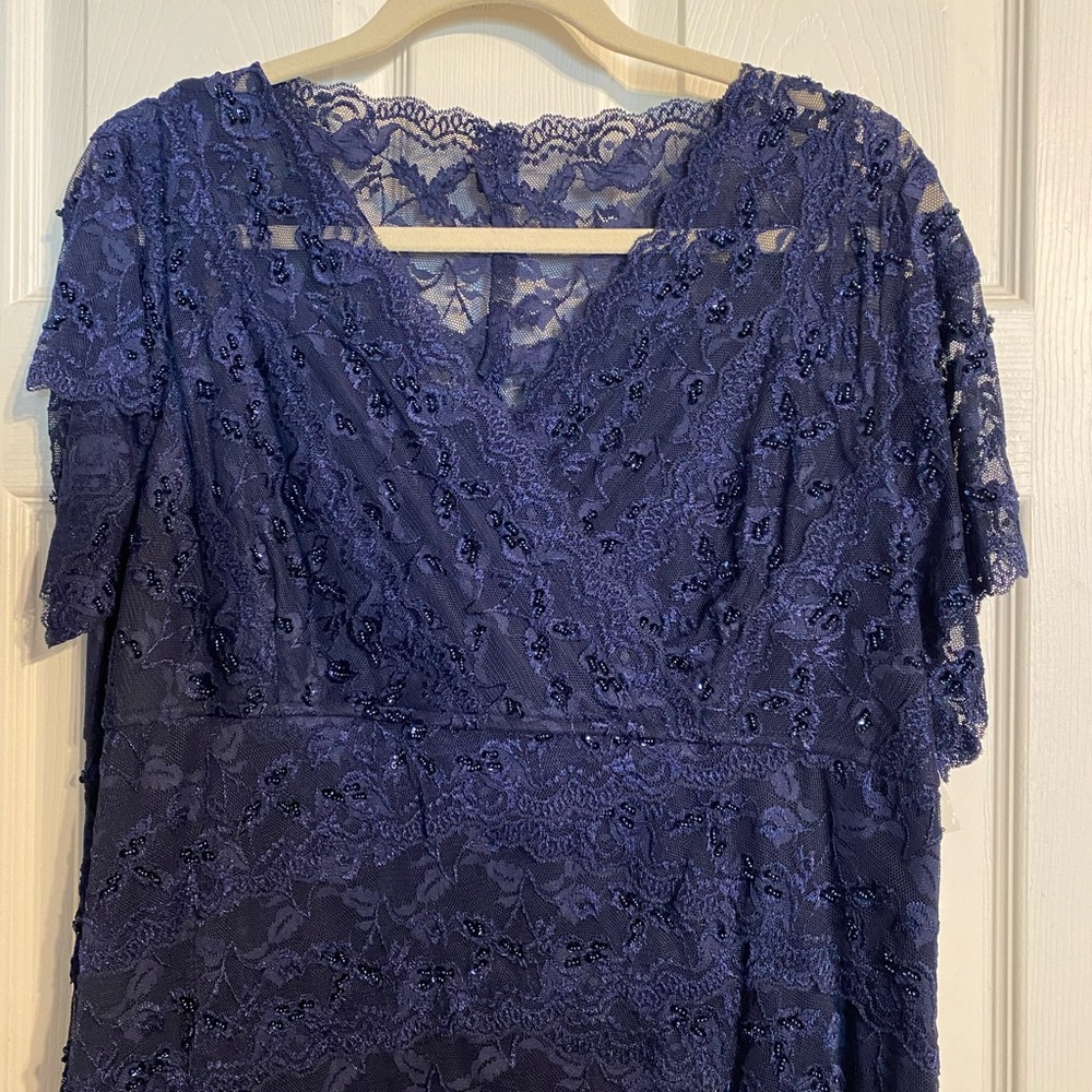 Marina Formal Sequin Lace Short Sleeve Dress - Navy Color